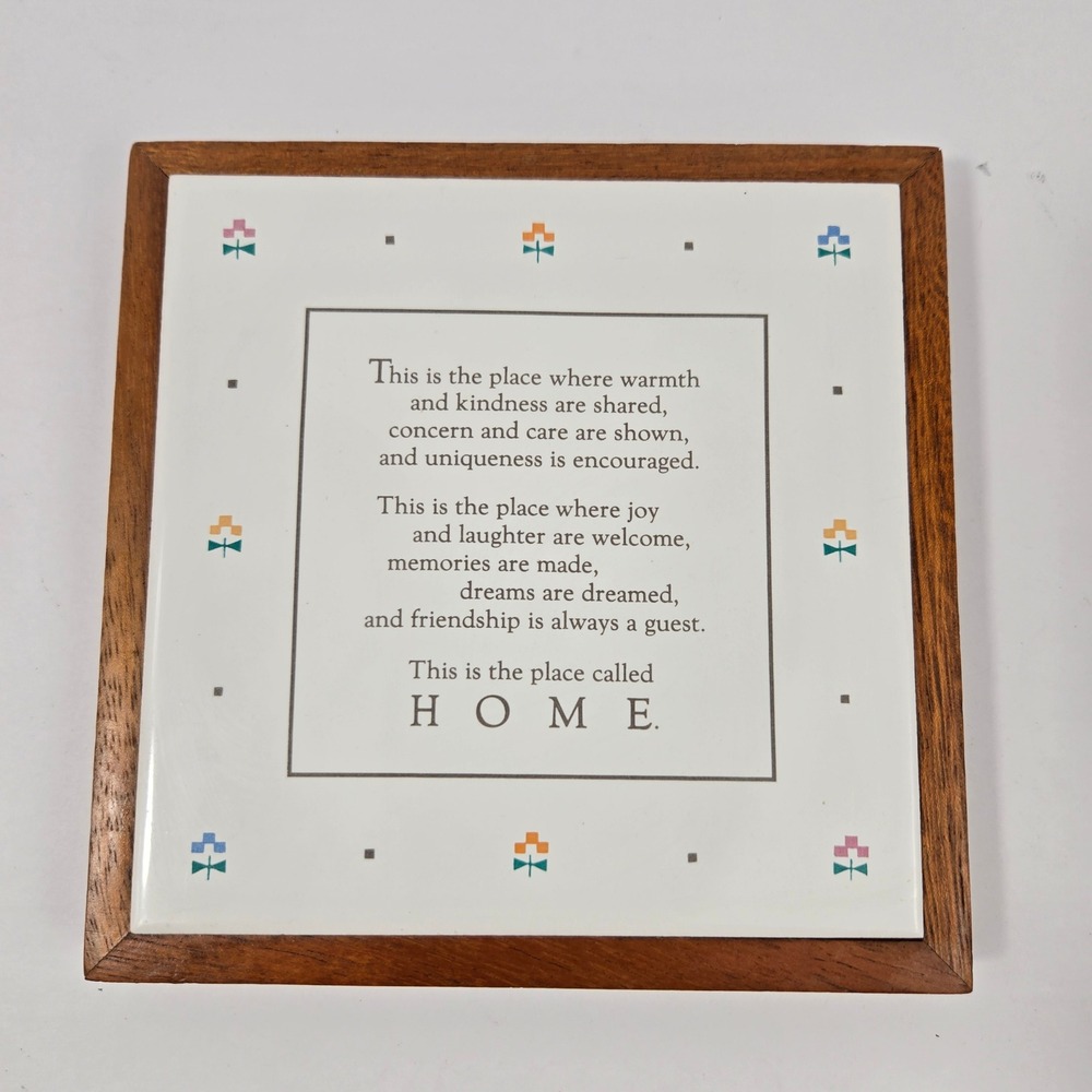 Vintage Eliane Brazil Ceramic Tile Trivet Wood Frame Home Poem Wall Plaque 6.75"